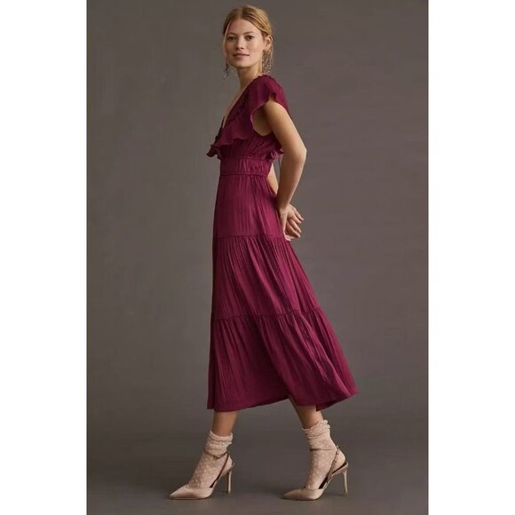 NWOT ANTHROPOLOGIE Ruffled Tiered Midi Dress In Berry Size XL - Picture 4 of 16